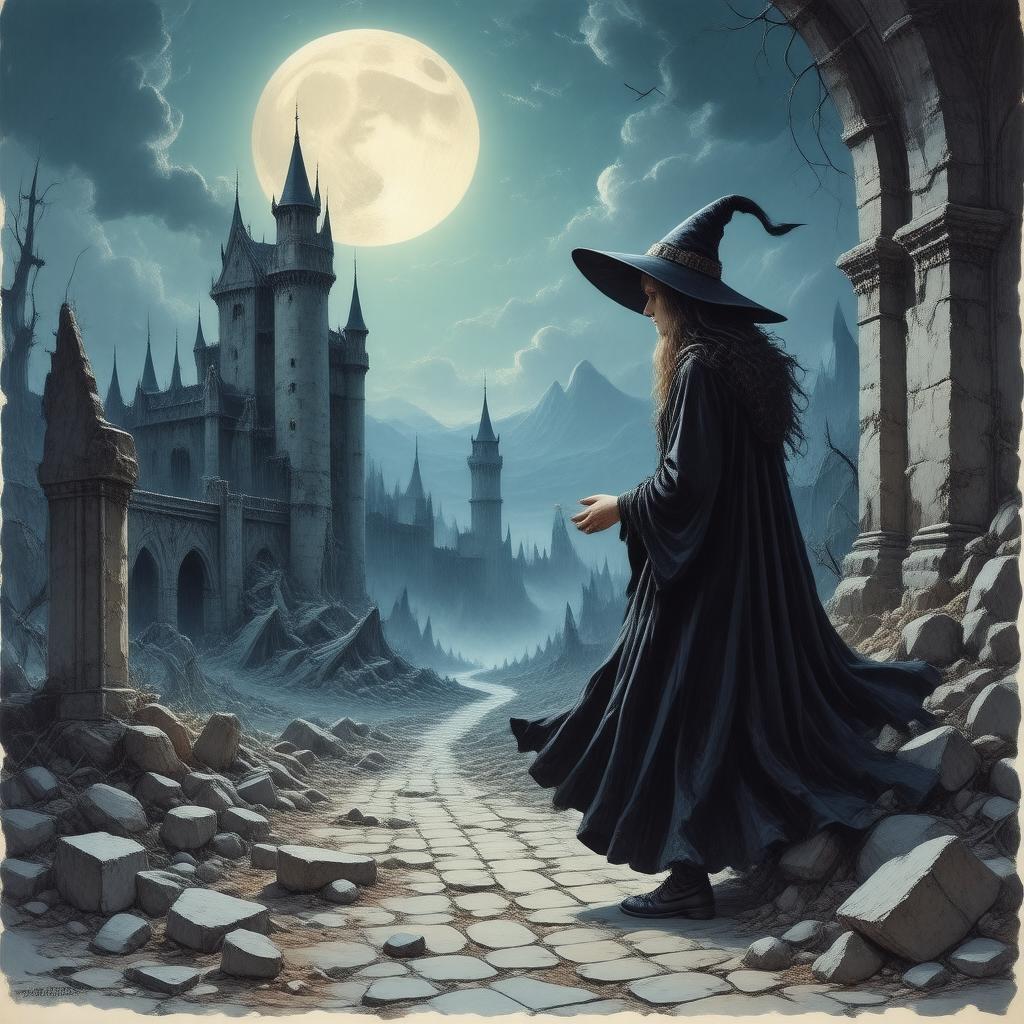 A witch in a black cloak and hat leads you down a path to an abandoned castle. The journey is shadowed by ruins and debris, illuminated by a full moon casting its spell over the eerie atmosphere.