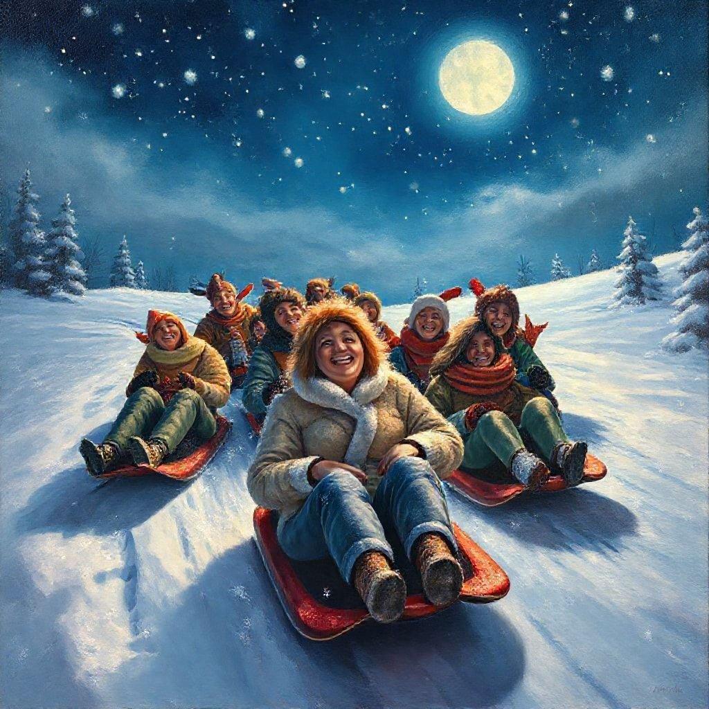 A festive winter scene with friends enjoying a sleigh ride on a snowy night, bundled up against the chill with glowing lanterns guiding their path.