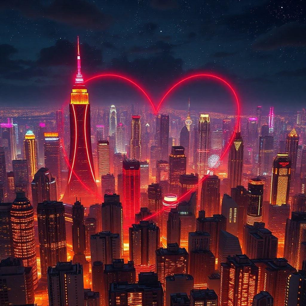 Celebrate Valentine's Day in the heart of the city with this stunning wallpaper. The red heart in the sky adds a touch of romance to the urban landscape, making it the perfect backdrop for a special day.