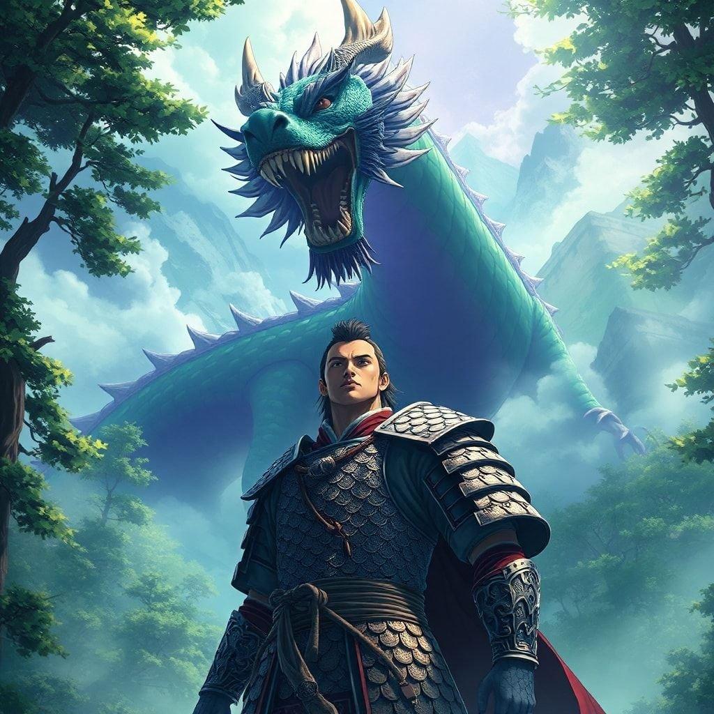 In dieser Anime-Illustration steht ein majestätischer Samurai entschlossen gegen einen mächtigen Drachen. Die Szene spielt in einem nebligen Bergwald, wobei der Samurai den Mittelpunkt bildet und eine Aura der Ruhe vor dem Hintergrund der ruhigen grünen und lila Farbtöne ausstrahlt.