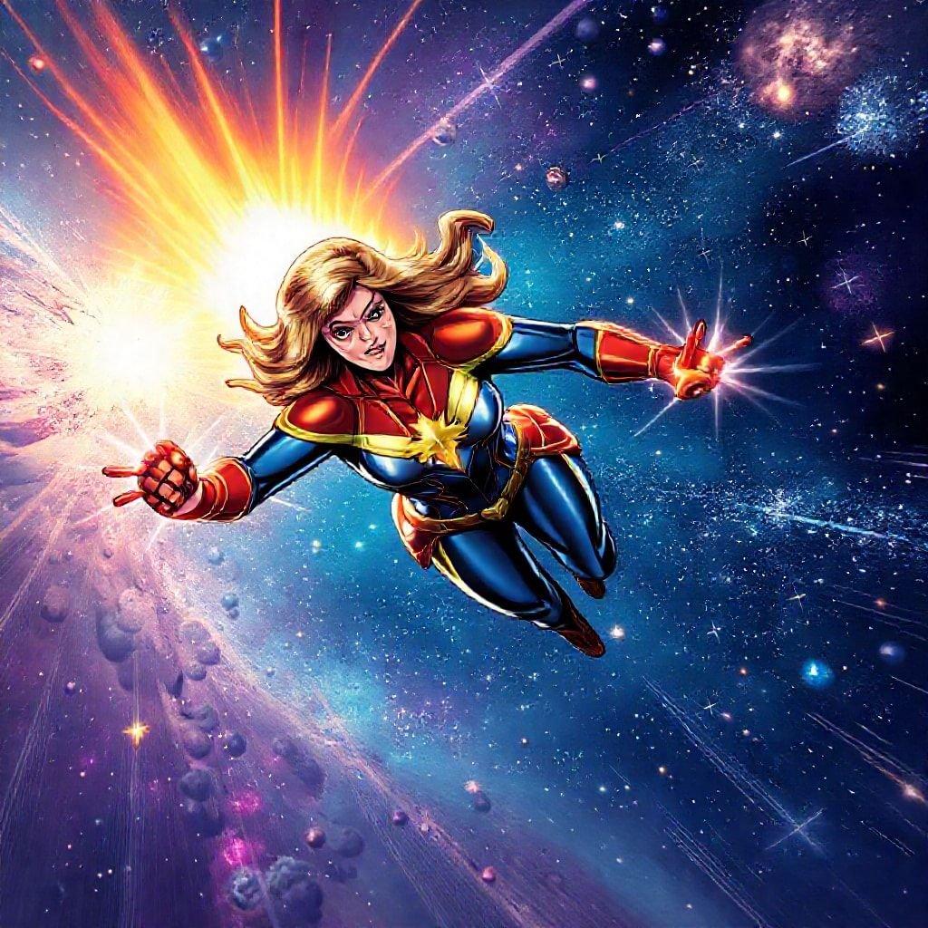 Explore o cosmos com este impressionante papel de parede apresentando Carol Danvers da Marvel, também conhecida como Capitã Marvel, voando pelo espaço. Esta obra de arte digital captura seu espírito heroico e a vastidão do universo.