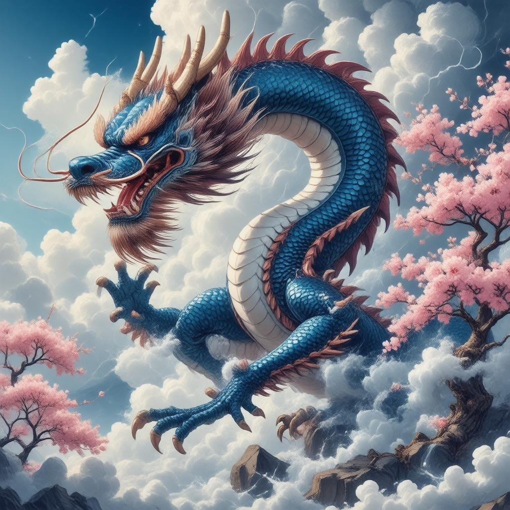 In this epic anime-style wallpaper, a majestic dragon battles against a stormy cloudy sky, its sharp claws gripping the edge of its body as pink cherry blossom trees frame its sides. The scene is filled with fantasy elements and is sure to captivate any anime fan.