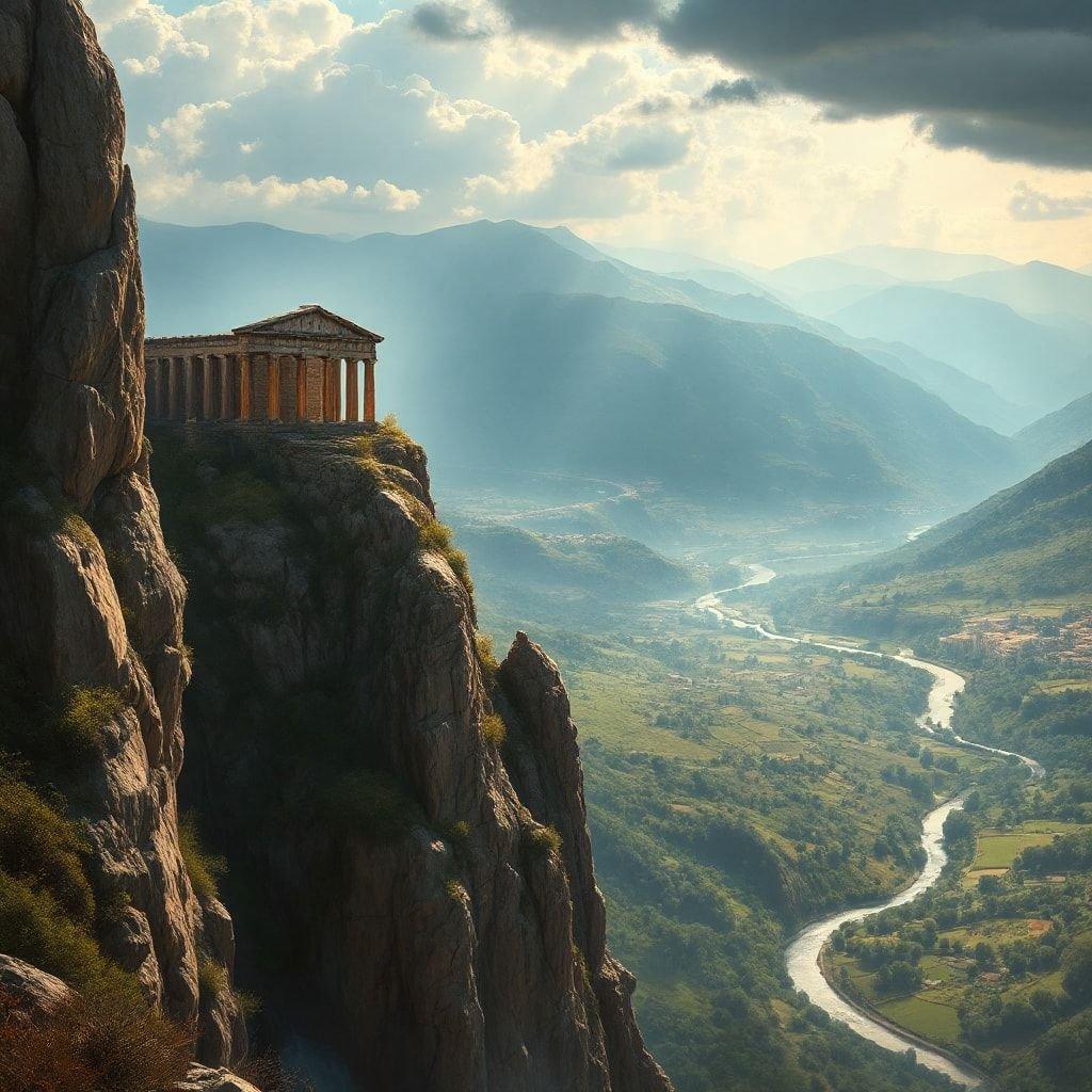 This stunning landscape features an ancient ruin perched on a cliff, overlooking a serene valley and a winding river. The image exudes a sense of history and tranquility, with the warm sunlight casting a golden glow on the scene.