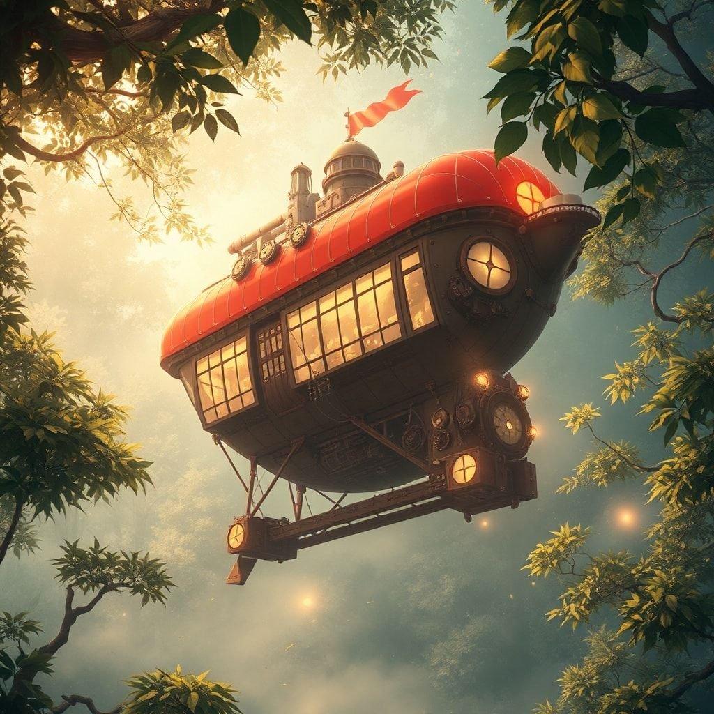 Immergiti nel mondo incantevole dell'anime con questo sfondo accattivante che presenta un dirigibile ispirato al steampunk che fluttua attraverso una nebbiosa foresta giapponese. I dettagli intricati e il tetto rosso luminoso del dirigibile creano una miscela ipnotizzante di steampunk e anime, evocando un'atmosfera eterea.