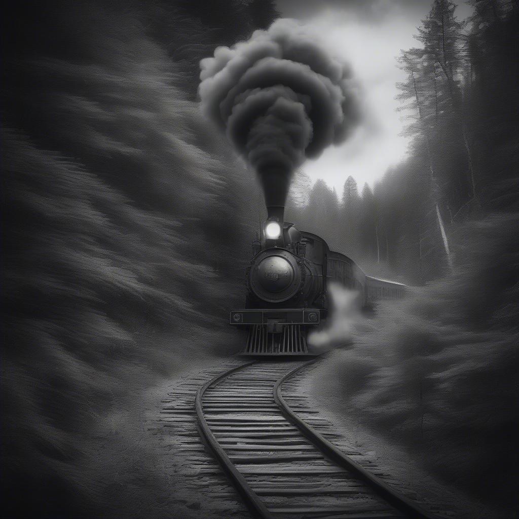 Step into a world of mystery and intrigue with this captivating black and white wallpaper, featuring a train journey through a dark forest.