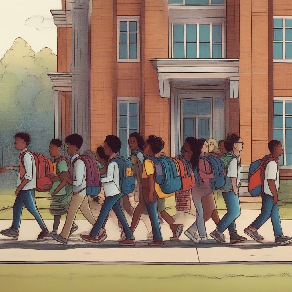 A group of excited students walk together towards their new school year, each carrying a backpack and filled with anticipation.