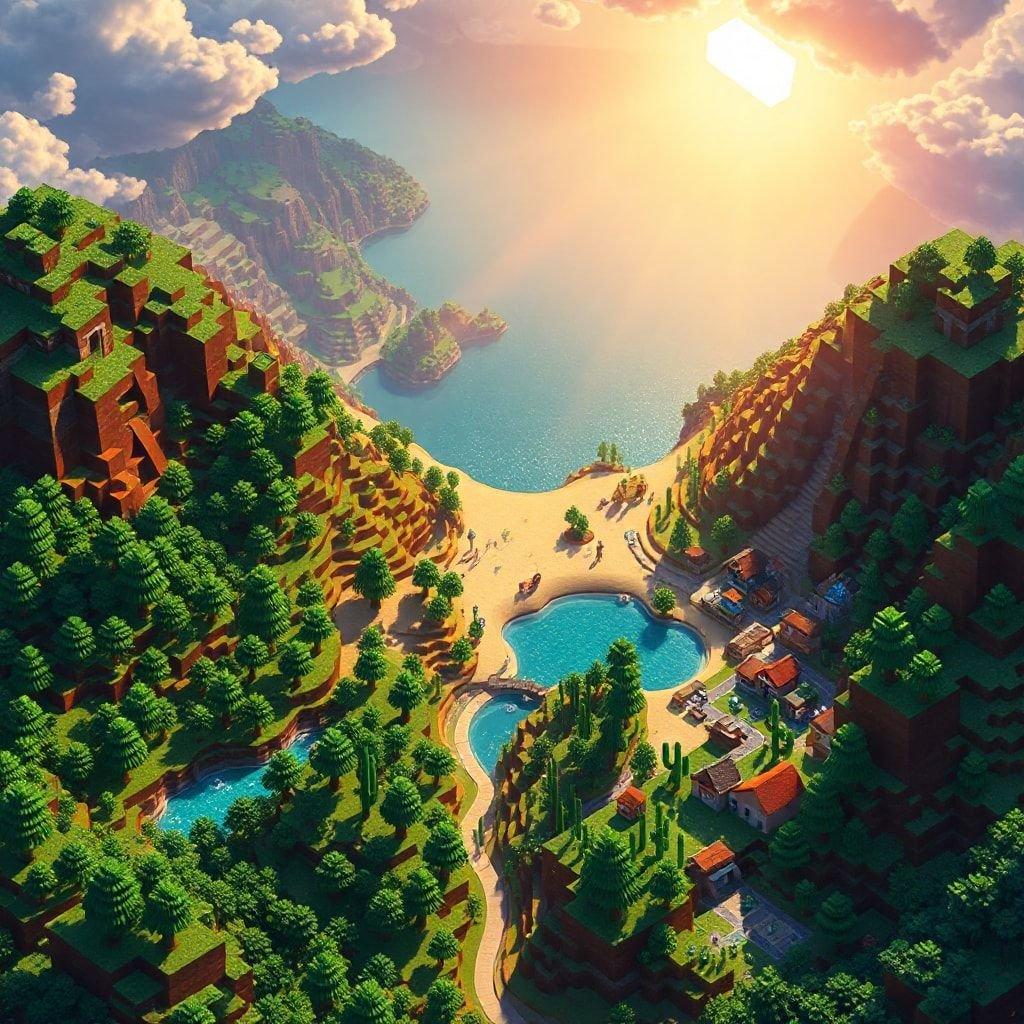 This tranquil Minecraft village scene overlooks the ocean, bathed in sunlight. The breathtaking view captures the essence of a peaceful day on a sunny morning.