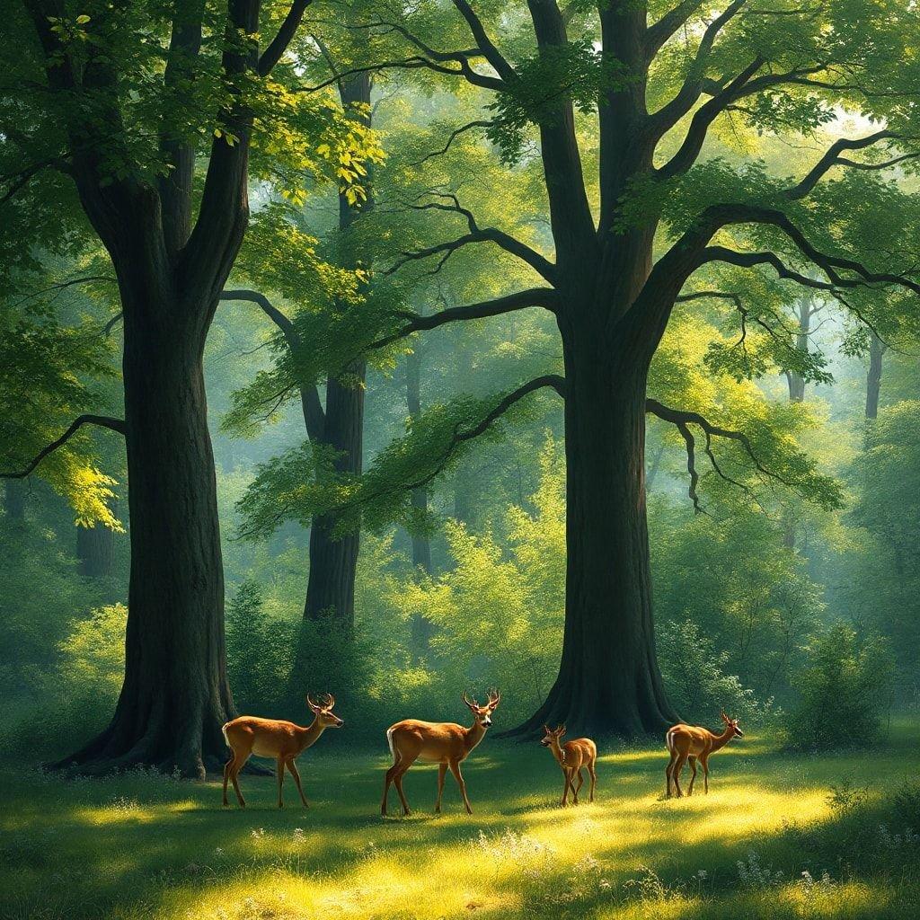 This serene image captures three deer peacefully grazing on the lush green grass in a forest clearing. The sunlight filters through the dense canopy of trees, casting a warm and inviting glow over the scene. This tranquil setting is an idyllic representation of nature's beauty.