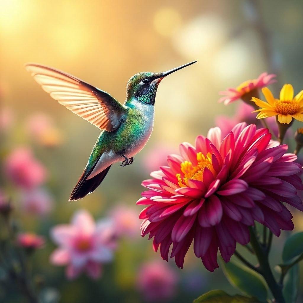 This stunning wallpaper features a hummingbird in mid-flight, surrounded by vibrant flowers. The image exudes a sense of freedom and beauty, making it perfect for anyone who loves nature and wildlife.