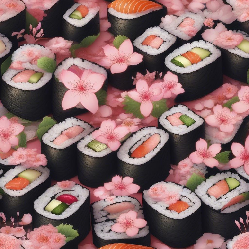 A mouth-watering array of sushi rolls arranged with a backdrop of cherry blossoms, evoking the Japanese tradition of hanami. This wallpaper is perfect for food lovers and adds a touch of culinary culture to any desktop or mobile device.