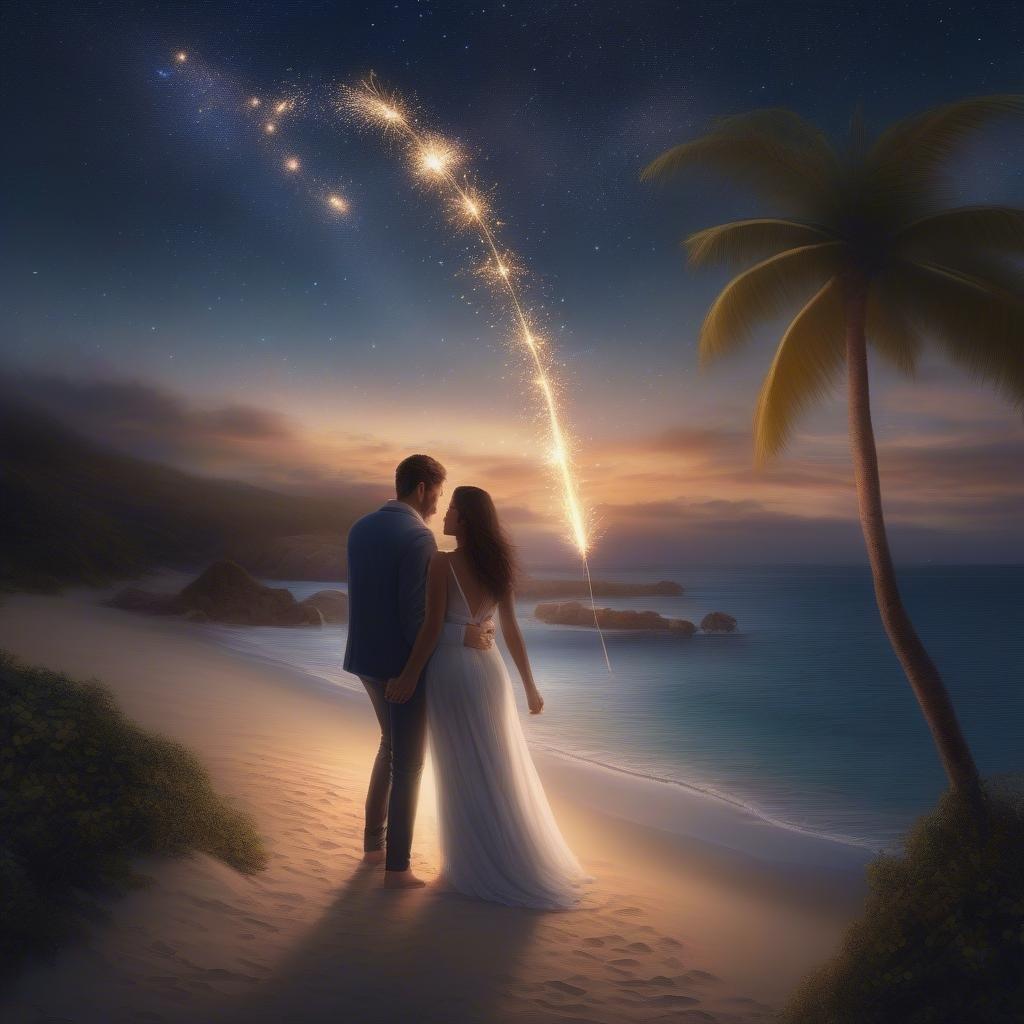 A newlywed couple embraces at the beach as a meteor streaks across the night sky, marking their celestial union.