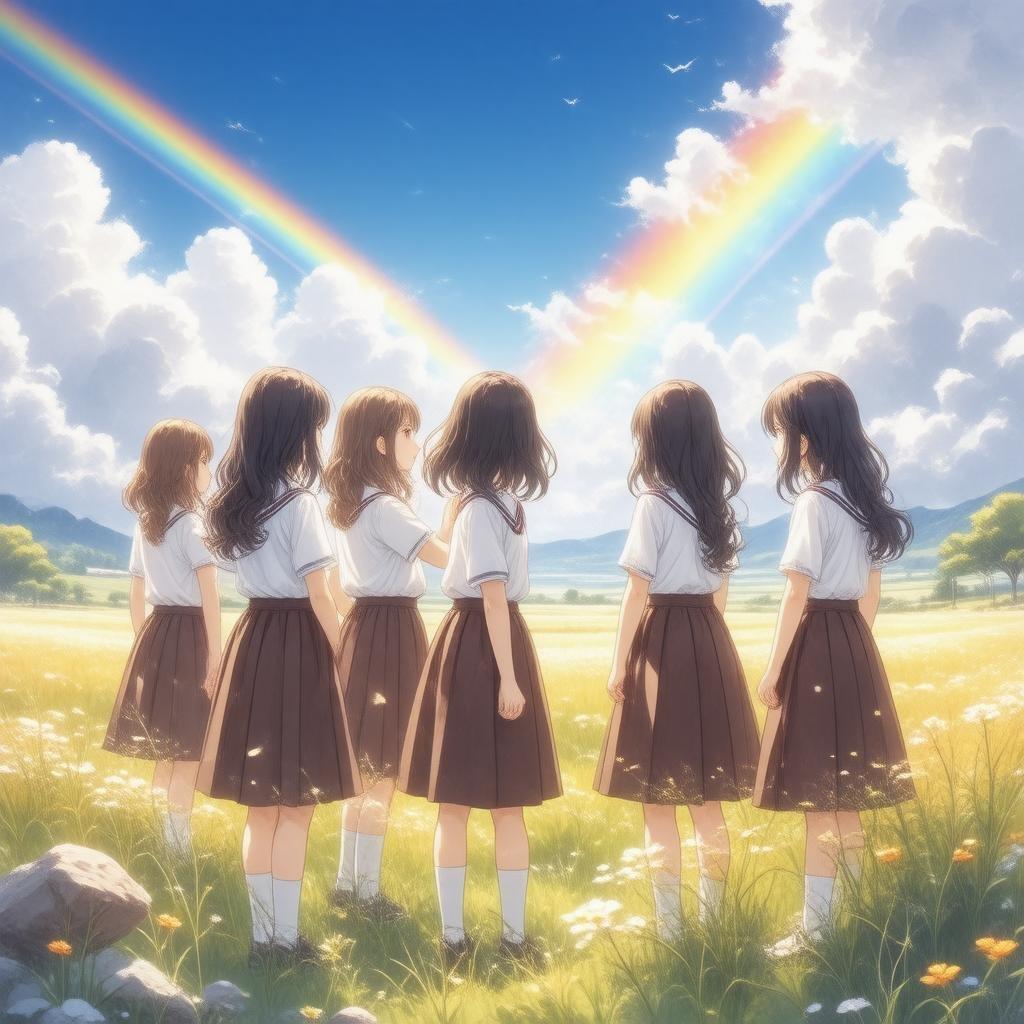 Immerse yourself in the captivating world of anime with this stunning wallpaper, featuring a group of schoolgirls basking in the vibrant glow of a rainbow.