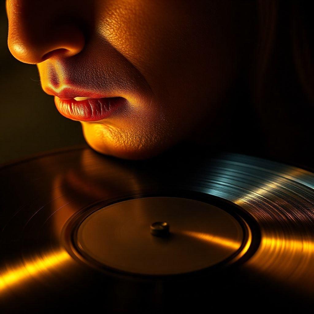 A close-up view focusing on the eyes of a musician, with record albums in the background, representing a passion for music.