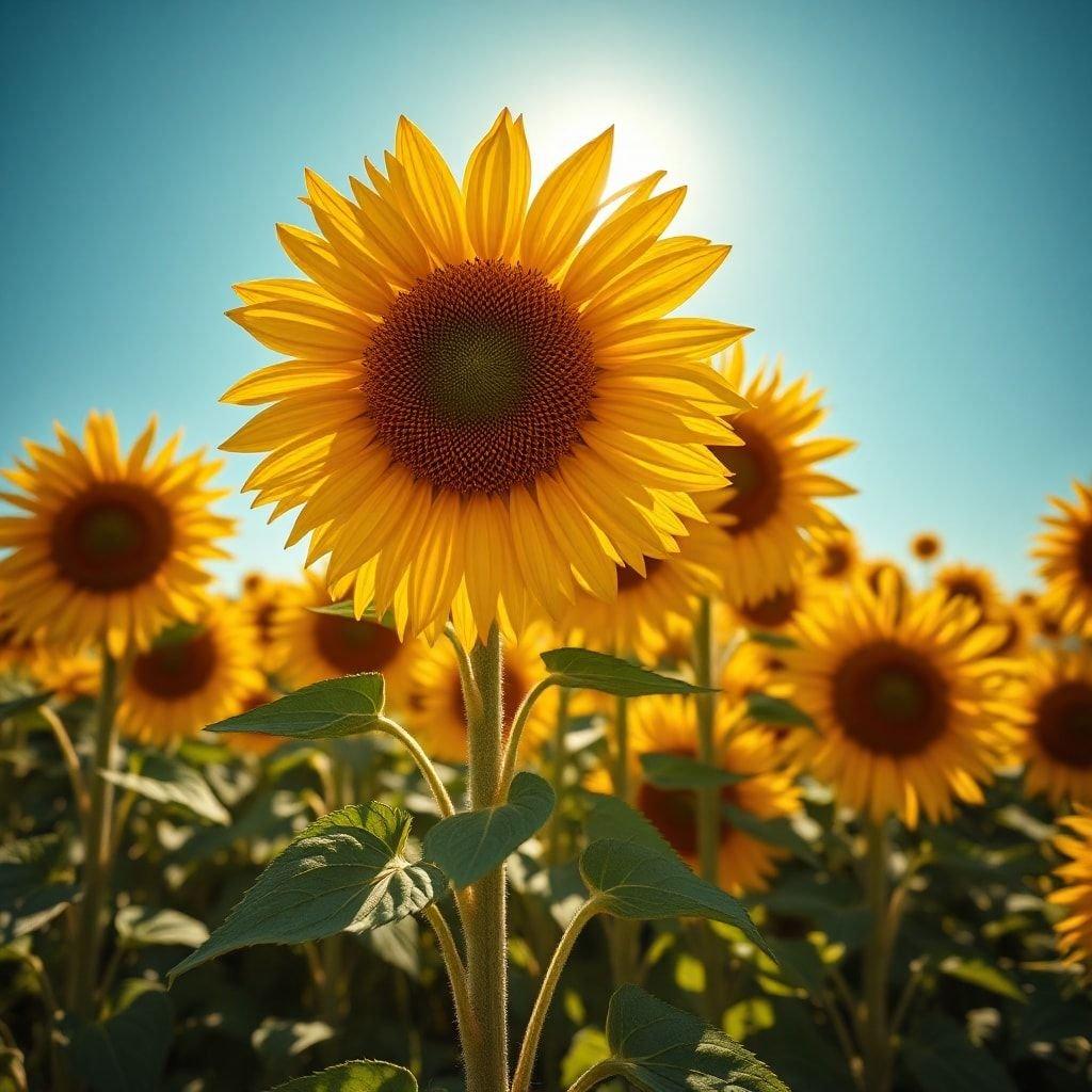 A vibrant field of sunflowers reaching up towards the clear blue sky, basking in the warmth of the sun.