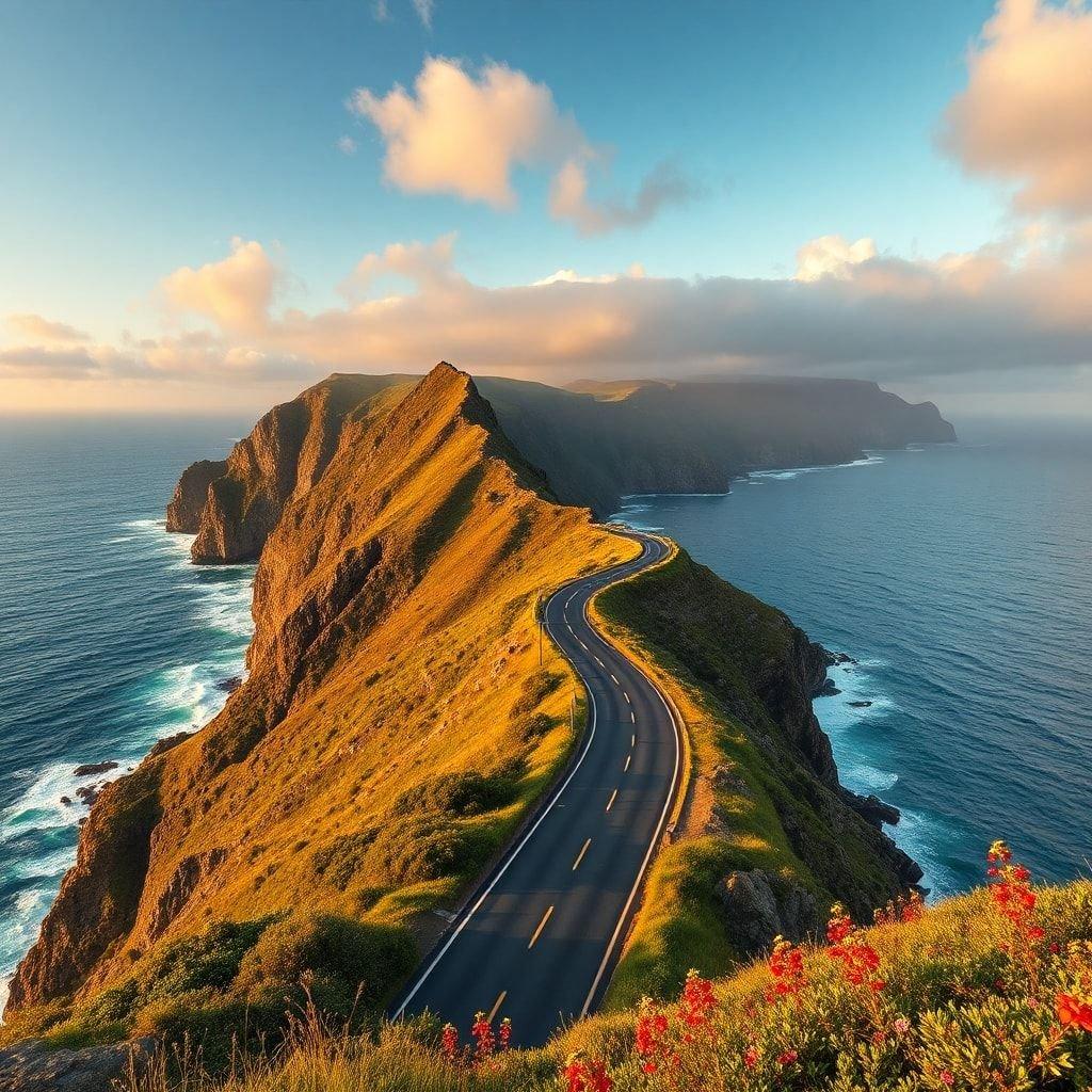 A scenic coastal road winds its way along the edge of a cliff, offering stunning views of the ocean.