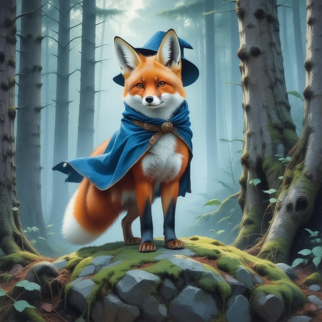 This enchanting anime illustration features a serene forest scene, with a vibrant orange fox as the main focus. The fox, adorned in a blue cloak and hat, stands on a mossy rock, surrounded by a misty forest, creating a sense of mystery and enchantment.