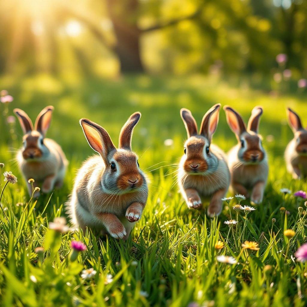 En livlig scen från naturen med fyra hoppande kaniner på ett livfullt fält, deras öron vidöppna för morgonbrisen. Den perfekta skrivbordsbakgrunden för våren.