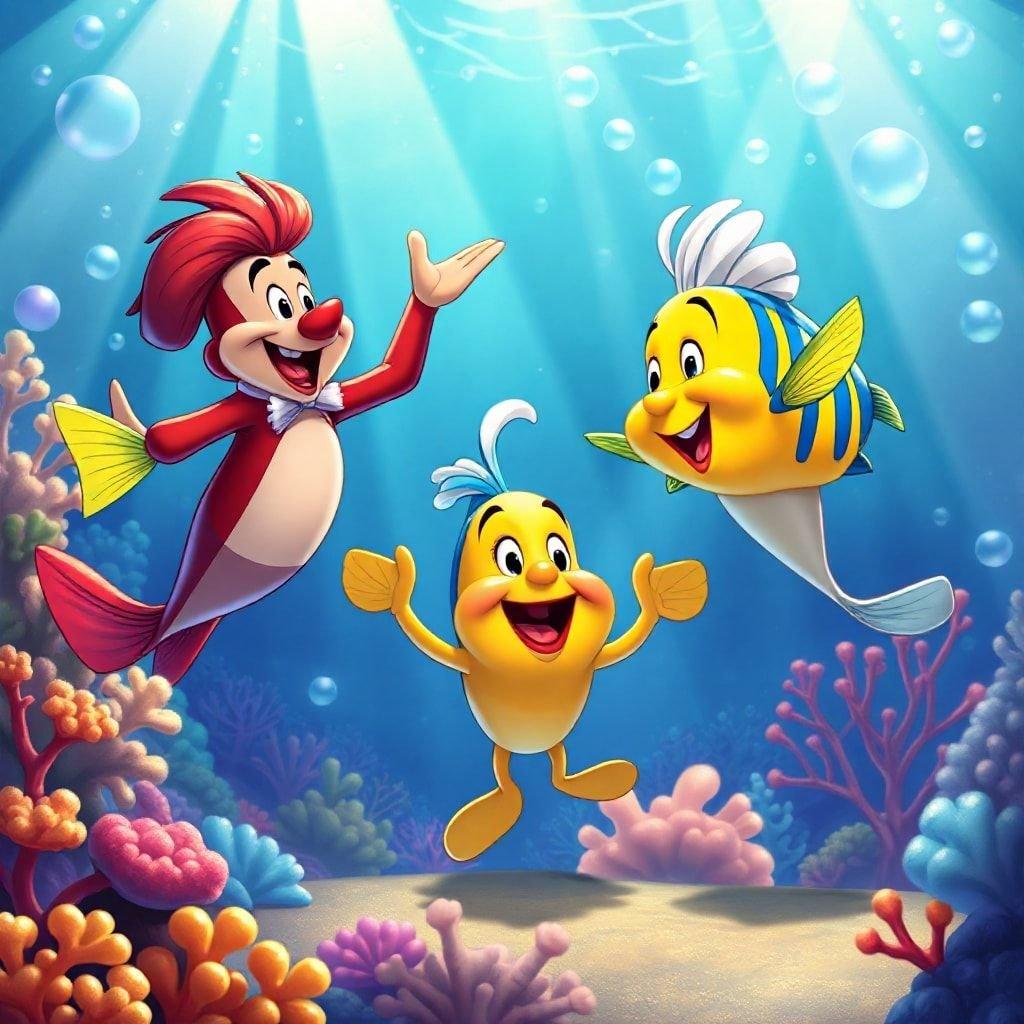 This vibrant wallpaper features three beloved Disney characters from the popular animated film, 'The Little Mermaid.' Sebastian, Flounder, and Scuttle are depicted in a playful and colorful underwater scene, surrounded by coral and bubbles. The image is perfect for fans of the classic Disney movie and anyone looking to add a touch of whimsy to their digital devices.