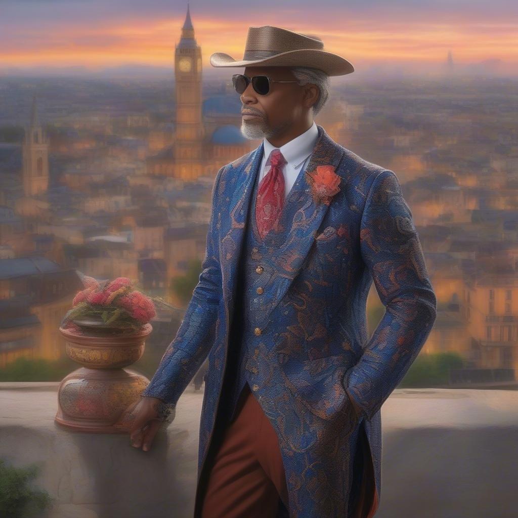 Stylishly dressed man poses confidently overlooking bustling city. Fashion forward, sophisticated, chic.