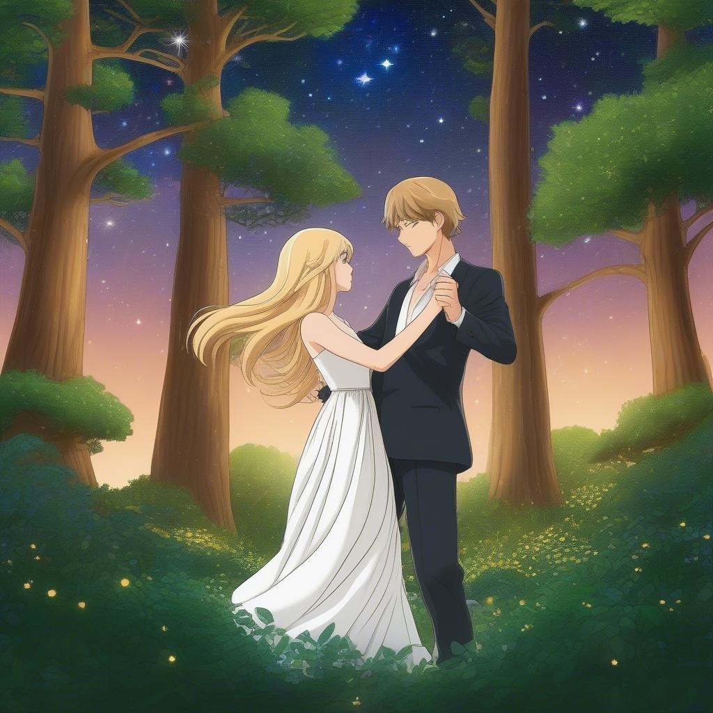 A magical moment captured as a couple dances under the starlit sky in a mystical forest. The lush greenery and ancient tree trunk create an enchanted backdrop, while the woman's ethereal white dress and the man's elegant black suit reflect the beauty of their dance.