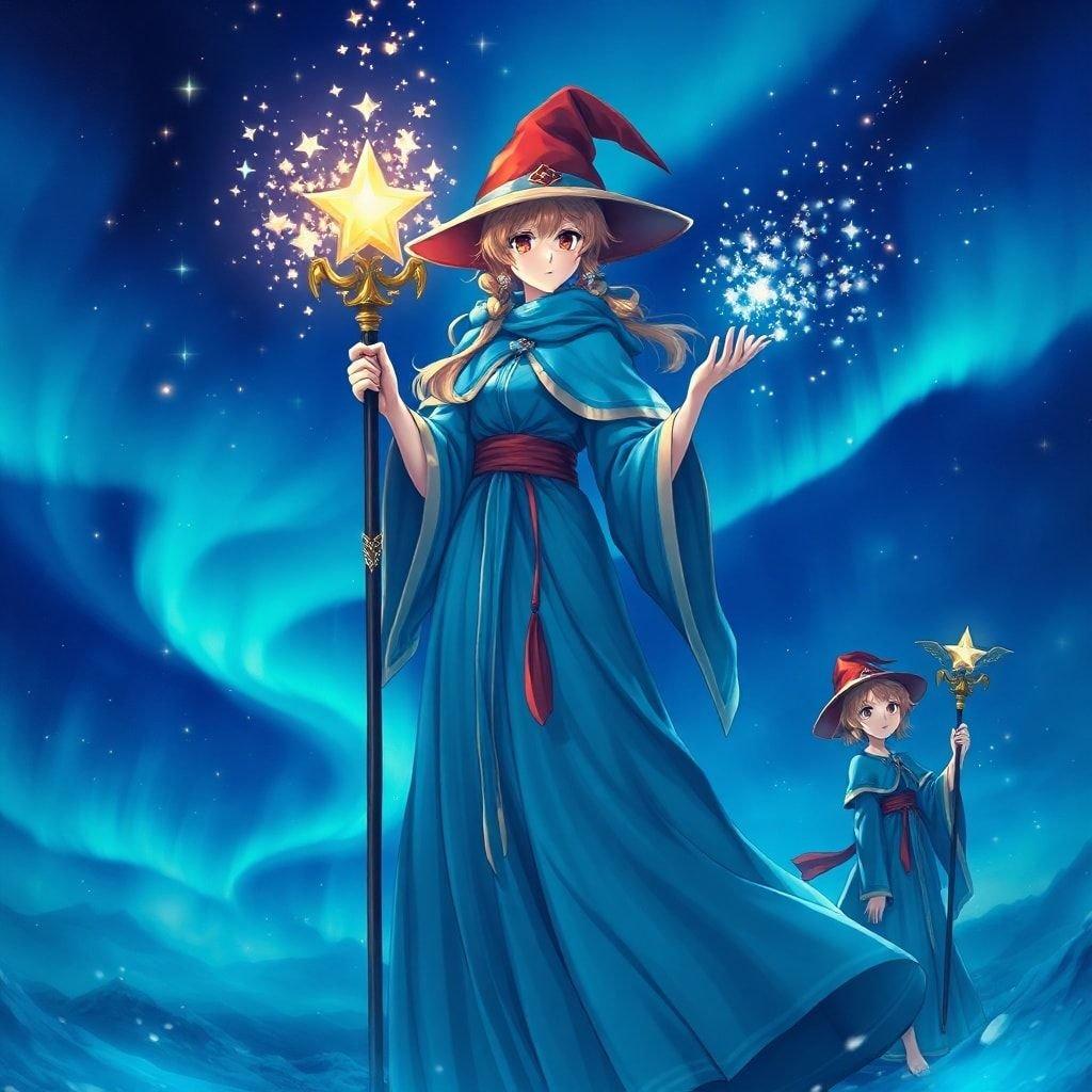 Entre em um mundo de magia e maravilha com este encantador papel de parede em estilo anime. Um mago, vestido com uma túnica azul e um chapéu vermelho, se ergue alto, com um bastão na mão, enquanto invoca poeira de estrelas e auroras boreais. Os detalhes intrincados e as cores vibrantes dão vida a esta cena mística, perfeita para uso em desktop e mobile.