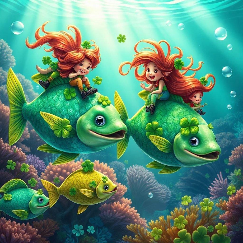 Celebrate St. Patrick's Day with a magical scene of three mermaids riding the waves on their fish friends.