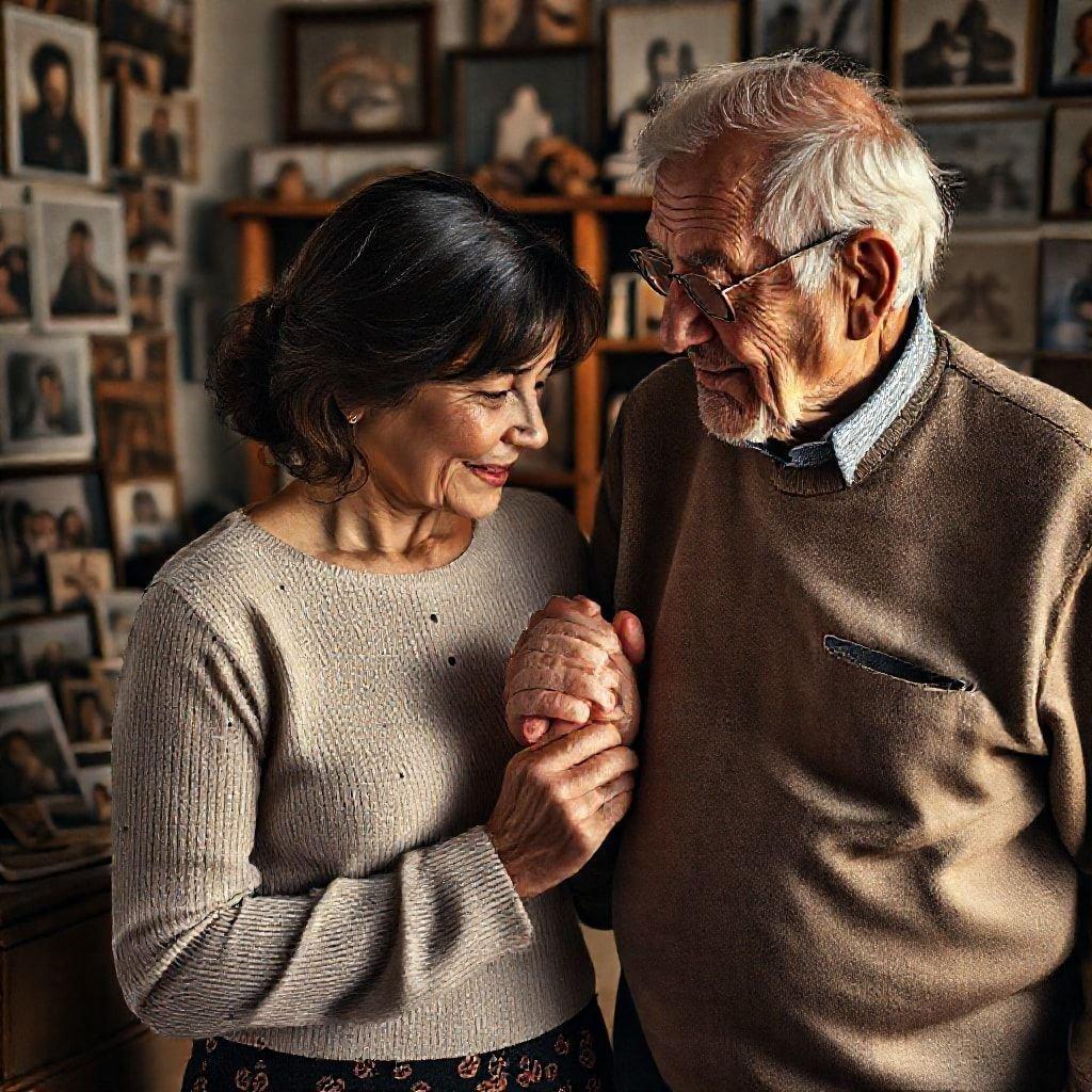 This image captures a tender moment between an elderly couple, showcasing their love and companionship.