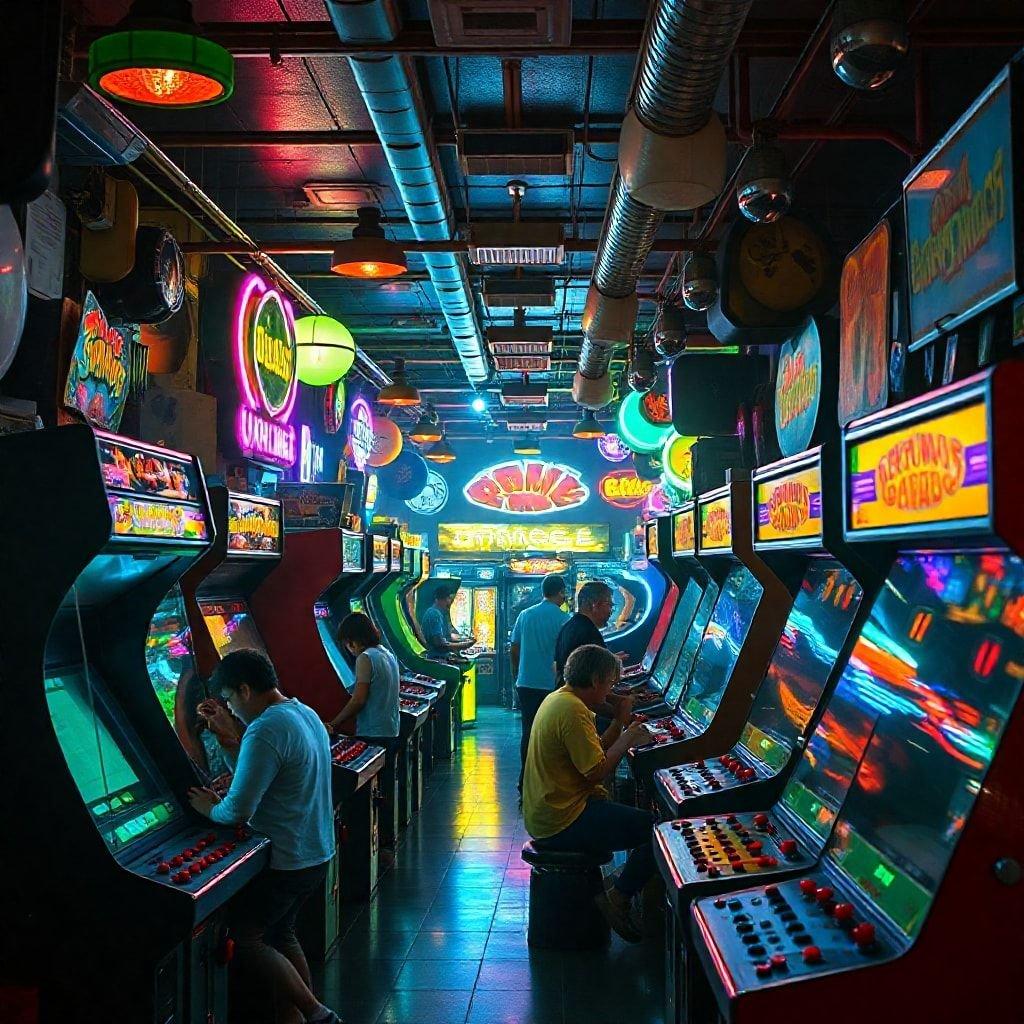 Bu canlı retro arcade duvar kağıdı ile geçmişe adım atın, klasik oyunlar ve nostaljik hisler canlanıyor.