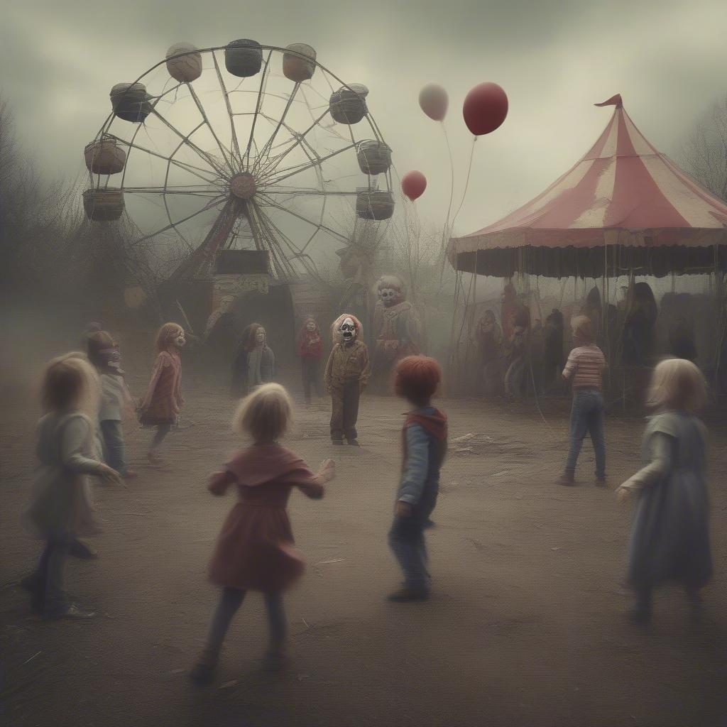 The carnival scene sets an eerie yet nostalgic Halloween atmosphere. Children in period clothing are seen on a merry-go-round with a creepy clown figure presiding over the ride.