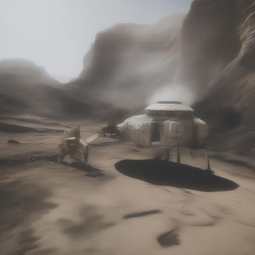 Discover the remnants of a Martian exploration. Amidst the barren desert landscape, a spacecraft lies abandoned with signs of damage and wear.