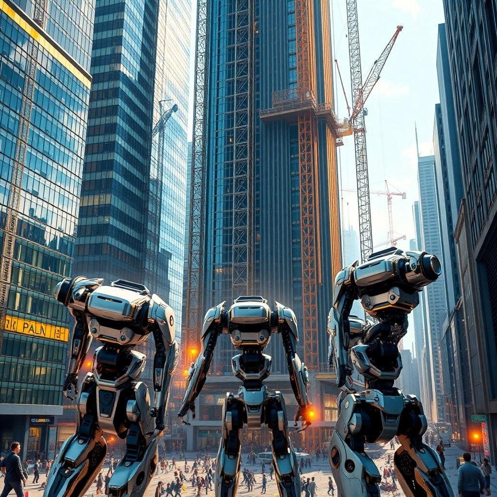 In the heart of a bustling city, three robotic figures stand poised. Their metallic bodies gleam against the backdrop of towering skyscrapers and cranes that hint at a city in constant evolution. This is more than just an image; it's a snapshot of the intersection between technology and urban life.