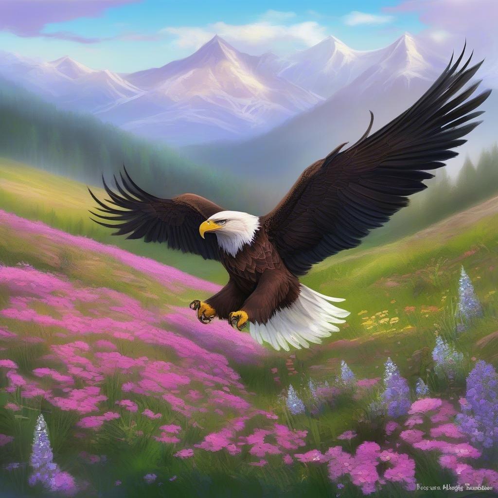 An American eagle in mid-flight, soaring above a vibrant field of pink flowers, with majestic mountains forming the backdrop. A serene and picturesque scene perfect for a desktop or mobile wallpaper.