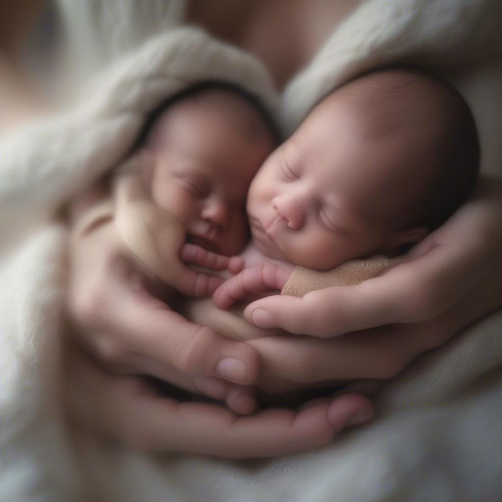 A tender moment between two adorable twin babies snuggled safely in their mother's embrace, perfect for celebrating Mother's Day.