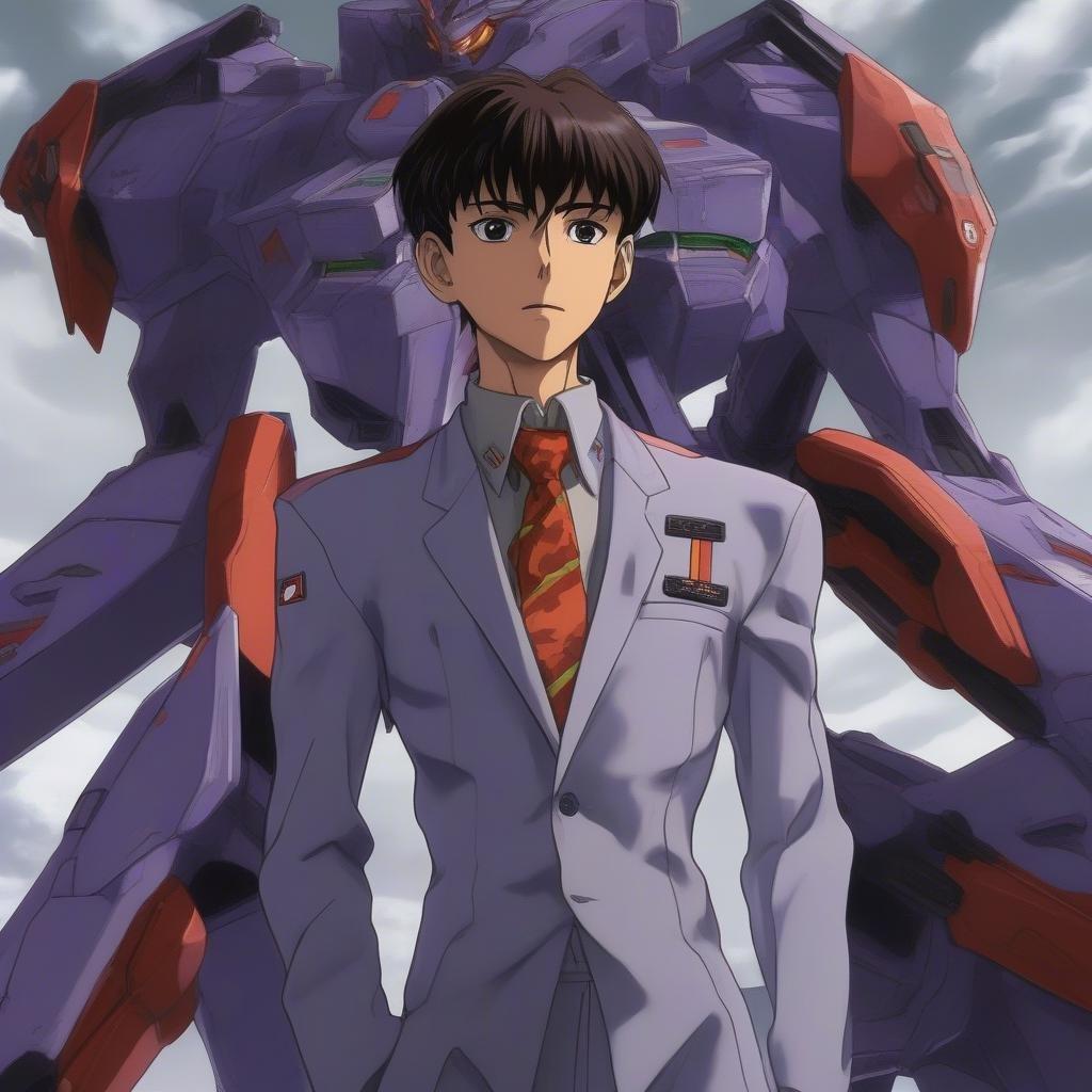 A young man stands confidently in front of his mechanical suit, a symbol of futuristic advancement.