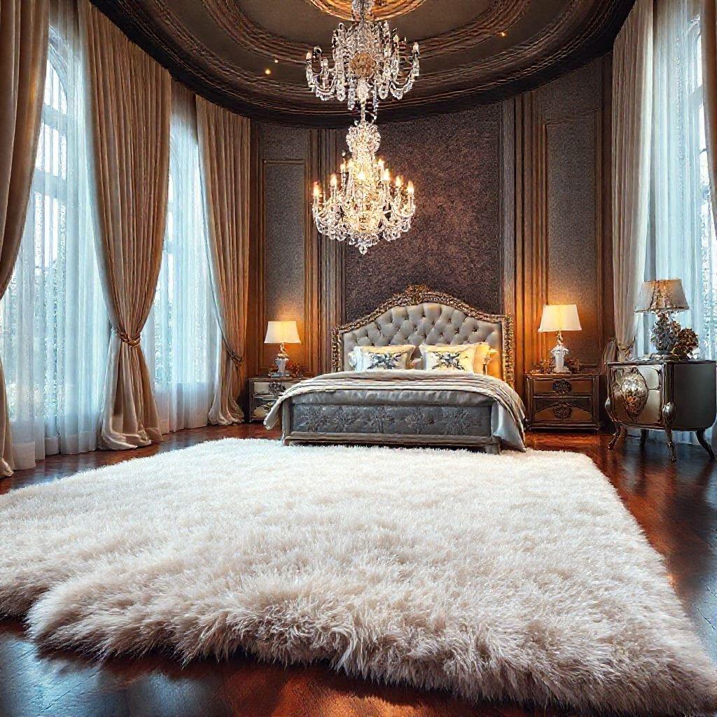 Bask in luxury with this opulent bedroom suite, complete with lavish accents and a cozy fur rug. Perfect for relaxation and an upscale lifestyle.