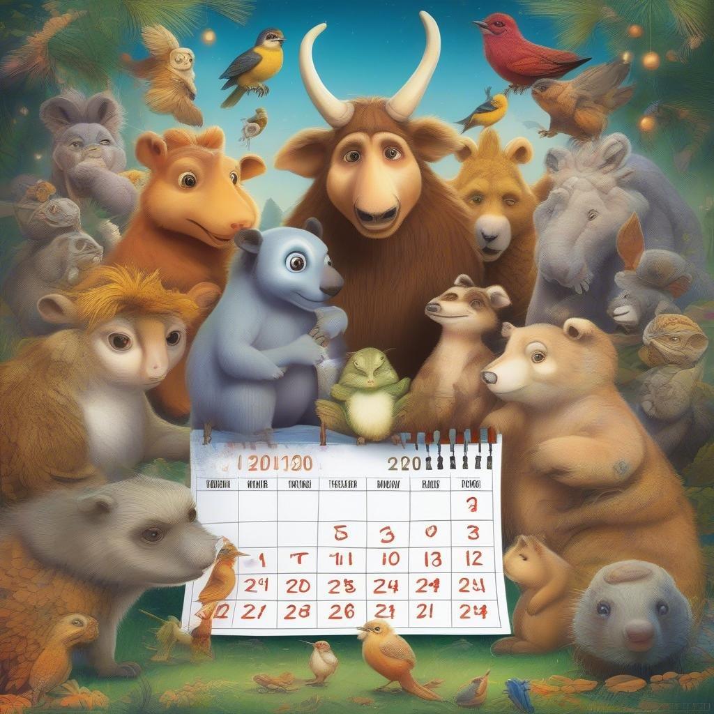 Get ready to welcome the new year with this lively and colorful wallpaper featuring a diverse group of animals gathered around a calendar.