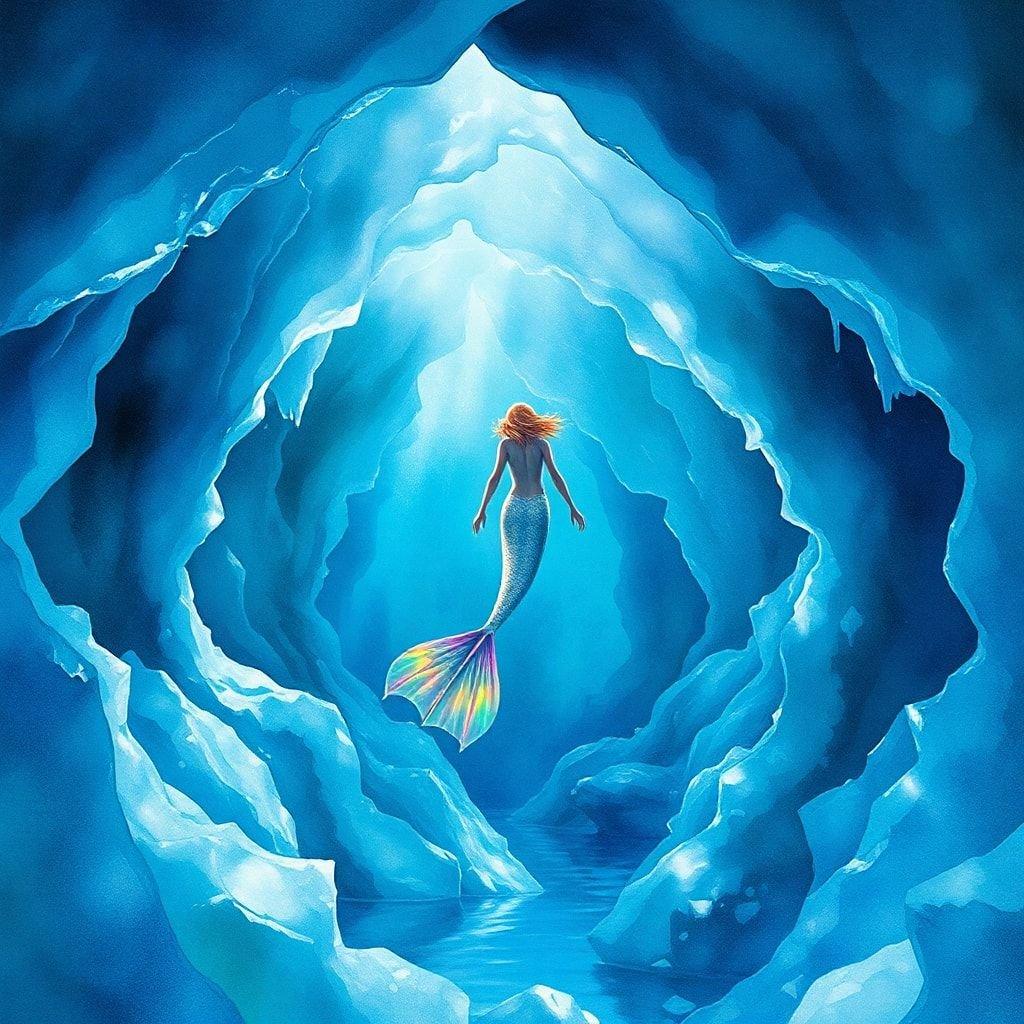 An enchanting fantasy scene where the little mermaid from Hans Christian Andersen's tale ventures into a breathtaking icy cove, illuminated by shafts of sunlight piercing through the crystal-clear ice. The serene yet mystical atmosphere captures her wonder and curiosity as she peers through the crack in the glacier.