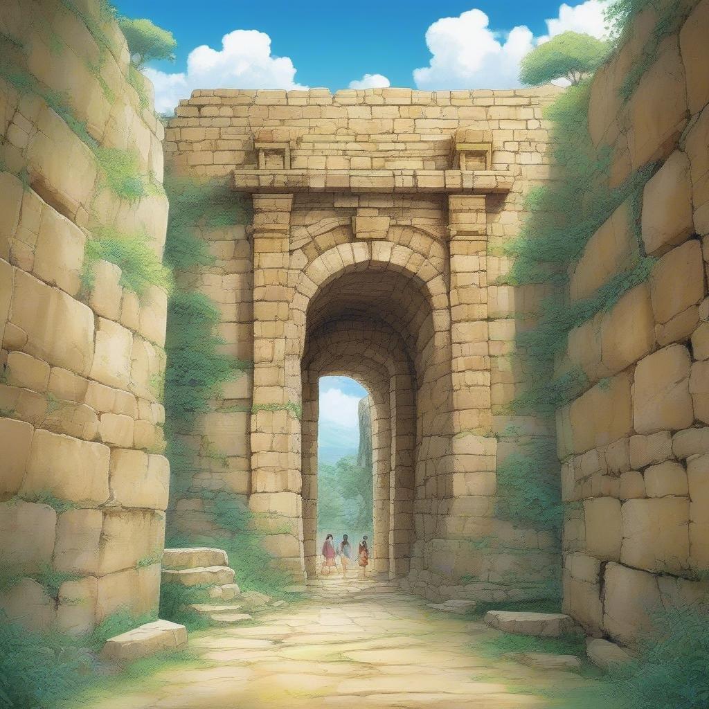 Entrez dans un monde de mystère et d'émerveillement avec cette illustration anime captivante. Un groupe d'étudiants, leurs visages cachés dans un mur ancien, se tient devant un portail mystérieux qui appelle à l'exploration.