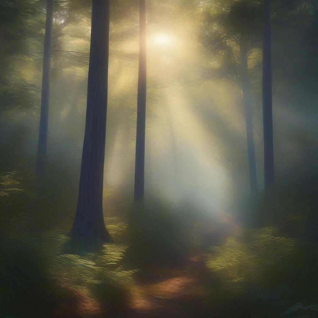 Embark on a journey through the ethereal woodland, bathed in a veil of morning mist and rays of sunlight. A serene path beckons amidst the tall trees, inviting exploration and reflection.