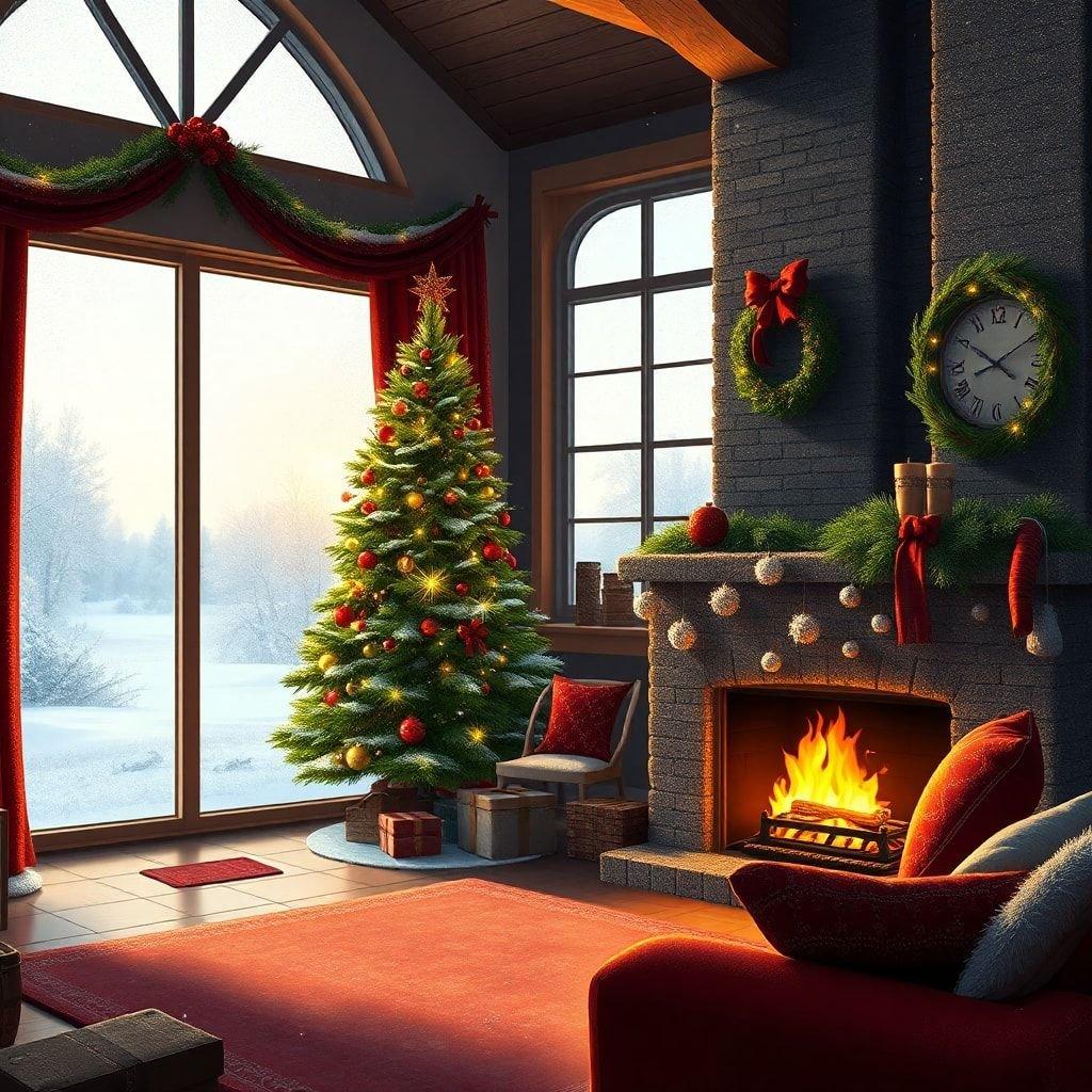 This beautiful Christmas scene is perfect for the holiday season. The warm and inviting atmosphere of the room, complete with a decorated tree and a crackling fire, makes it feel like a winter wonderland.