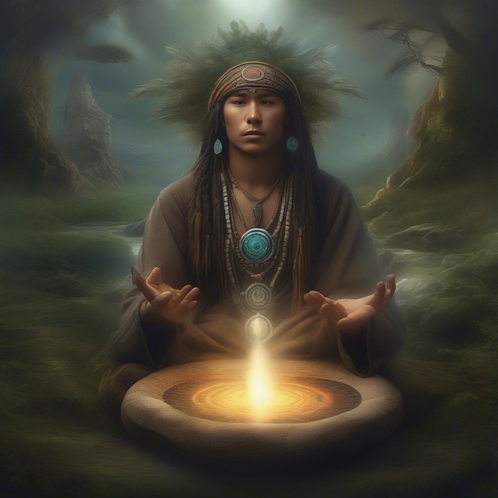 This captivating image showcases a Native American shaman in a moment of profound connection with nature, embodying the harmony and balance that exists between humans and the environment.