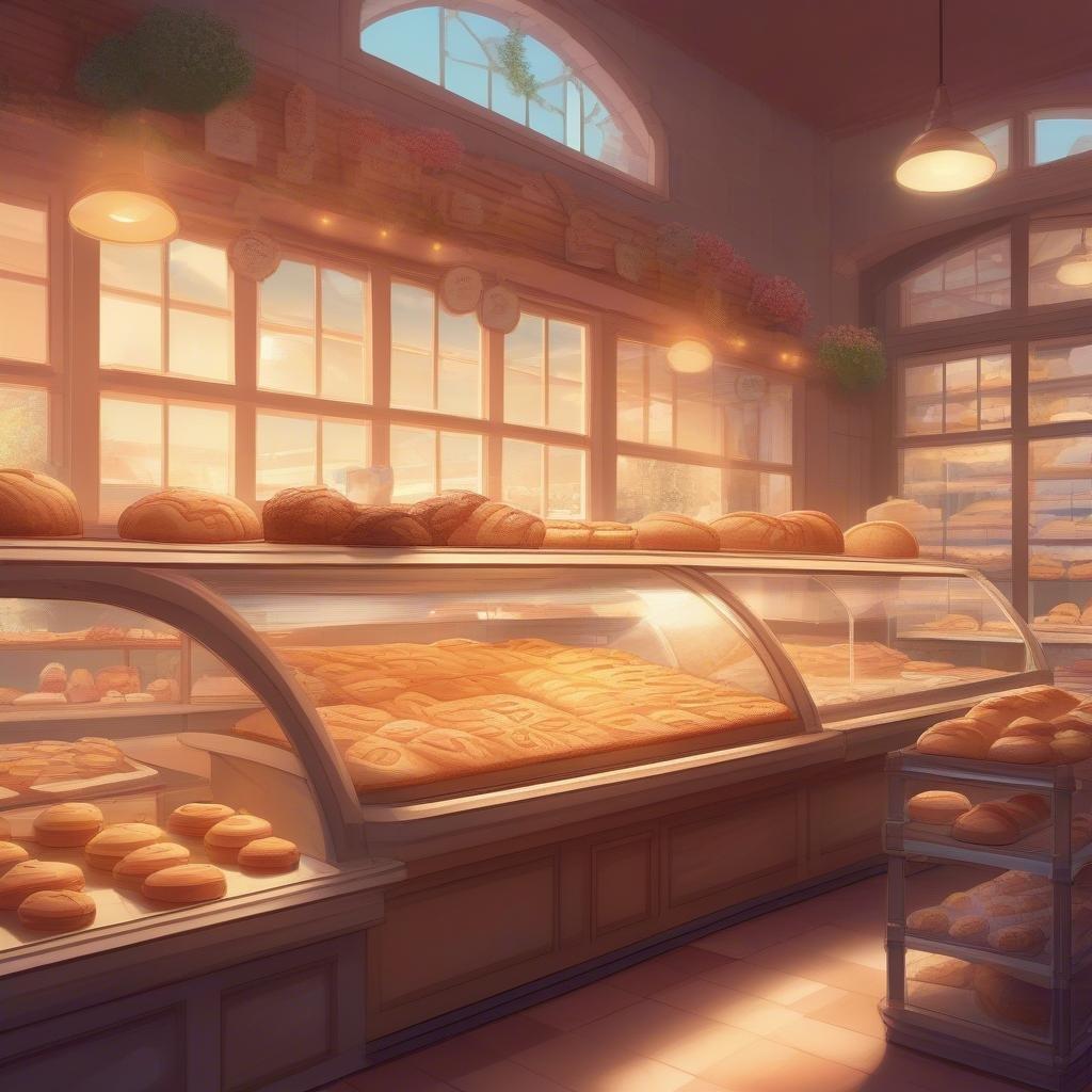 Step into a whimsical bakery where pastries come alive! This charming digital illustration captures the essence of an anime-style bakery with its inviting window at the center, offering a peek into its delightful interior. Various types of pastry confections take center stage, their shapes and sizes as diverse as they are appetizing. The warm glow from the window illuminates the scene, casting an enchanting atmosphere that brings the pastries to life with vibrant details.