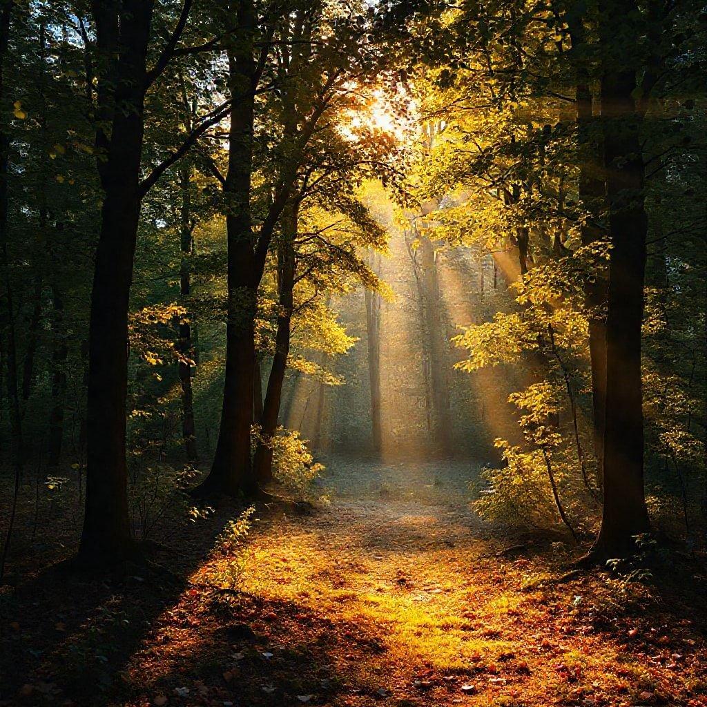 Caminhe ao longo da trilha no coração da floresta enquanto o sol nasce, banhando tudo em uma luz dourada e quente.