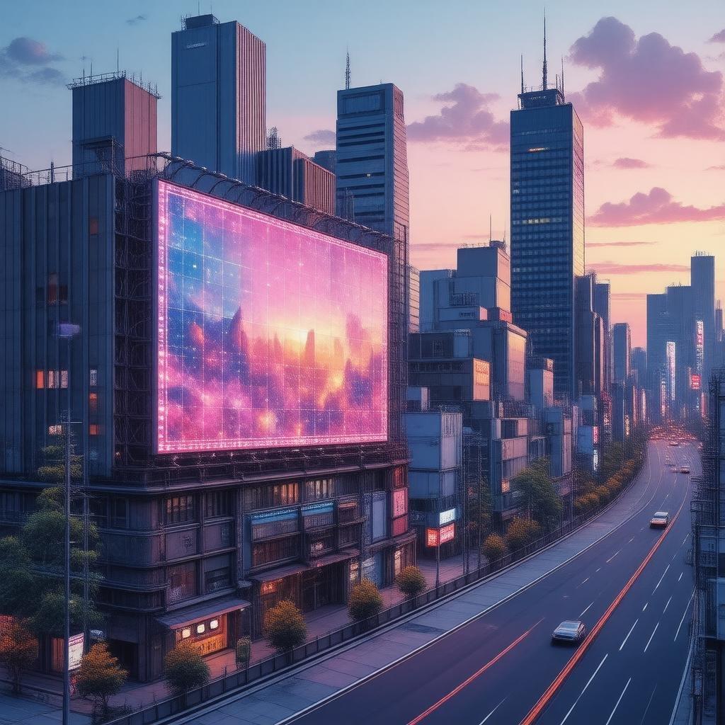 An energetic and vibrant digital illustration of a bustling future Tokyo skyline. The scene is set at sunset, capturing the city's transition from day to night with a beautiful gradient of colors in the sky. At the forefront stands a large billboard featuring holographic patterns that shimmer against the setting sun, adding a futuristic touch to the urban landscape. Tall buildings and skyscrapers stretch into the distance, showcasing the city's growth and modernization. Despite the advanced elements in the image, traditional Japanese influences can be seen, creating a harmonious blend of the old and new.