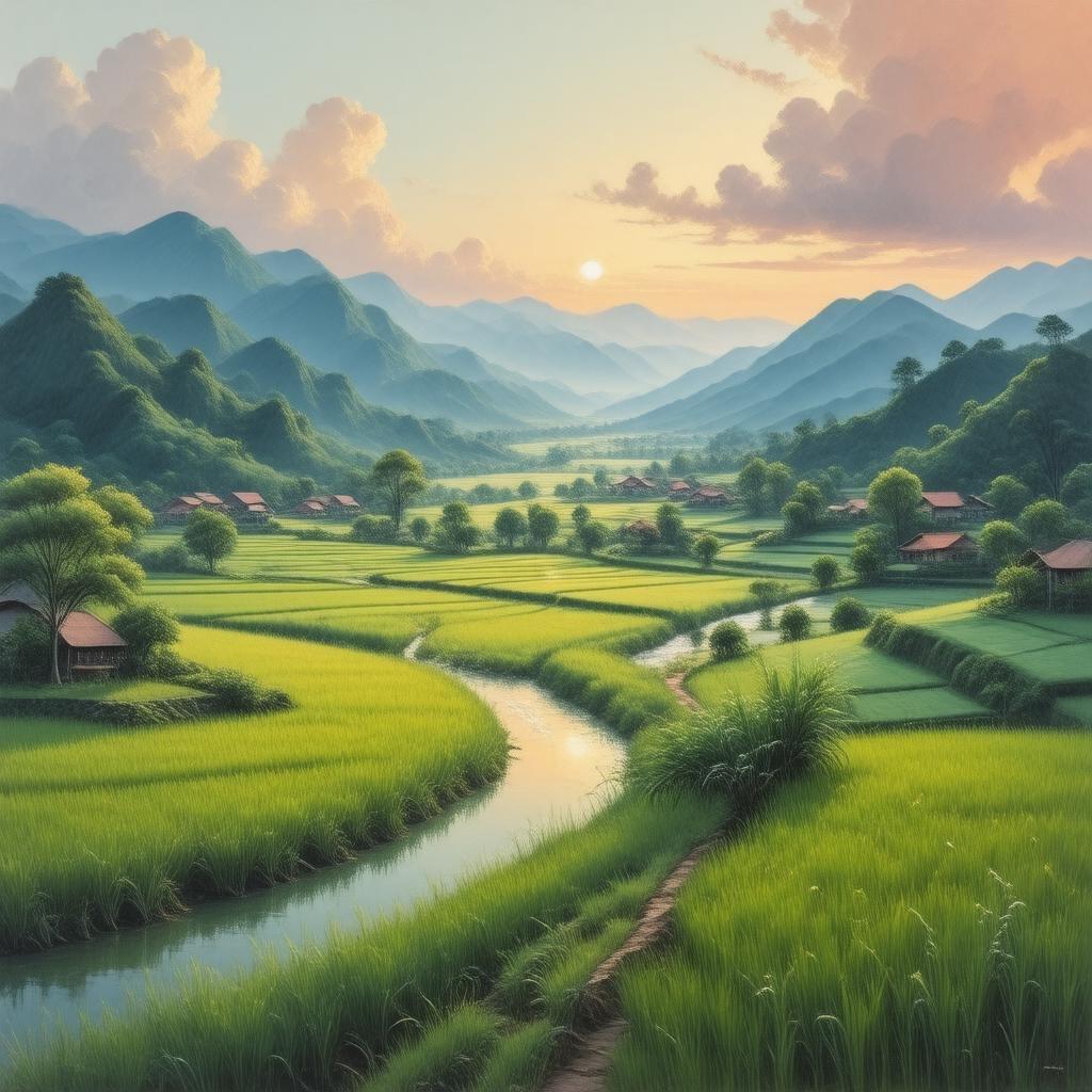 Immerse yourself in the tranquil beauty of this anime-style landscape, where a winding river of green rice paddies meets a small village nestled in the hills, all set against a breathtaking sunset sky.