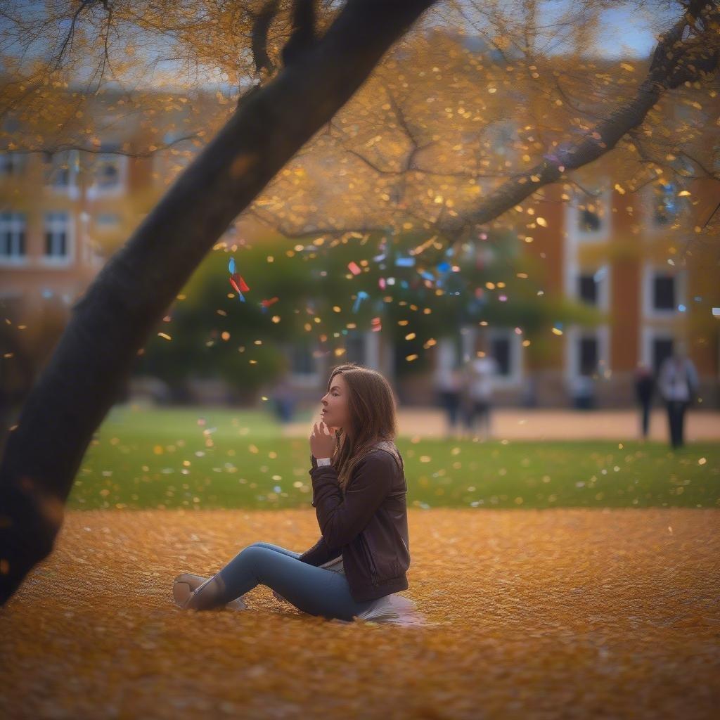 A young woman sitting on the grass, contemplating her future after graduation. The setting is a park with golden fall foliage and colorful confetti falling from the sky, capturing the joyous and sentimental moment of this milestone.