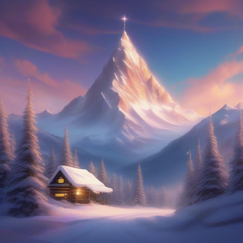 This beautiful Christmas wallpaper features a serene mountain scene with a cozy cabin nestled among the snow-covered trees. The warm glow of the cabin's lights and the star shining brightly at the top of the mountain create a peaceful and festive atmosphere, perfect for the holiday season.