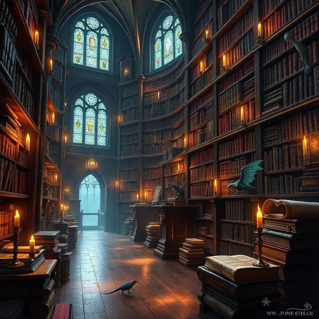 Step into a world of wonder with this fantasy library wallpaper, where ancient tomes and mystical creatures await. Perfect for fans of fantasy and adventure, this image is sure to transport you to a world of magic and mystery.