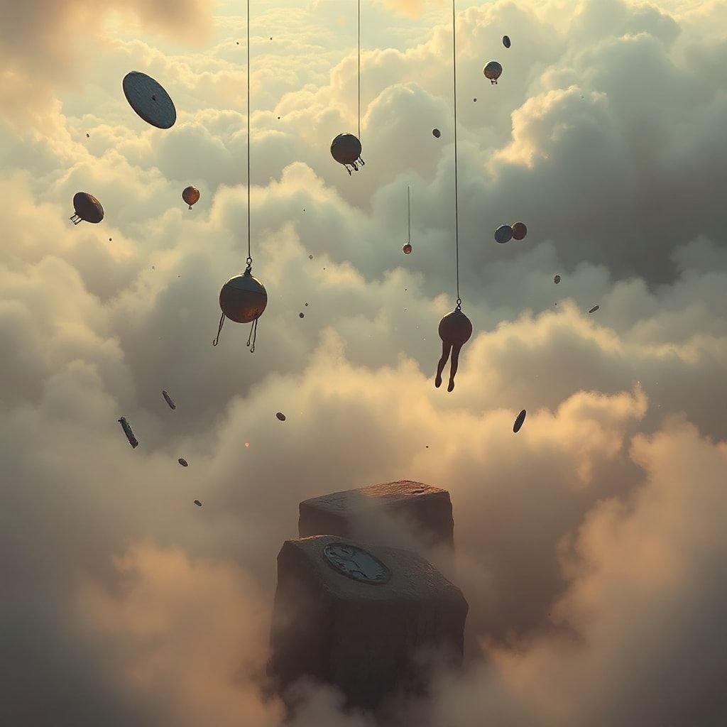 Dreamlike sky filled with hot air balloons floating freely, with one taking off from a mountain peak. A whimsical scene that might be seen at dusk in an imaginative world.