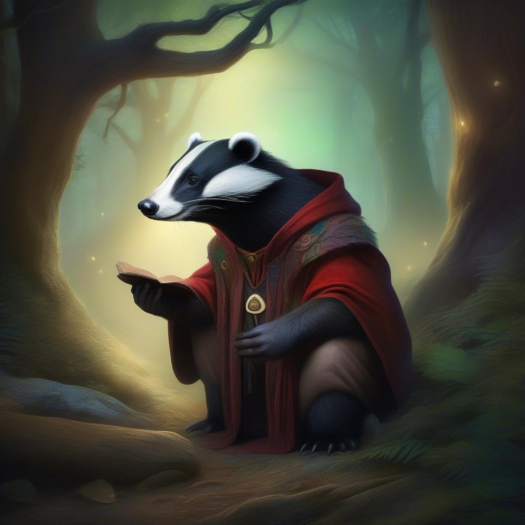 A badger, a creature from fantasy, sits in a forest, reading a book. The badger is dressed in a red robe, adding a touch of elegance to its rustic appearance. The forest setting, with its lush greenery and towering trees, provides a serene backdrop for the badger's quiet activity.